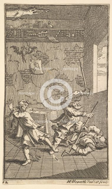 Hudibras Beating Sidrophel and Whachum (Seventeen Small Illustrations for Samuel Butler..., 1721-26. Creator: William Hogarth.