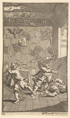 Hudibras Beating Sidrophel and Whachum (Seventeen Small Illustrations for Samuel Butler..., 1721-26. Creator: William Hogarth