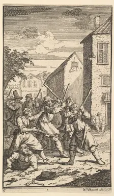 Hudibras Vanquished by Trulla (Seventeen Small Illustrations for Samuel Butler's Hudibr..., 1721-26. Creator: William Hogarth