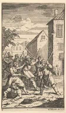 Hudibras Vanquished by Trulla (Seventeen Small Illustrations for Samuel Butler's Hudibr..., 1721-26. Creator: William Hogarth