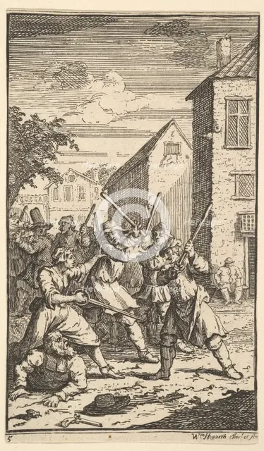 Hudibras Vanquished by Trulla (Seventeen Small Illustrations for Samuel Butler's Hudibr..., 1721-26. Creator: William Hogarth.
