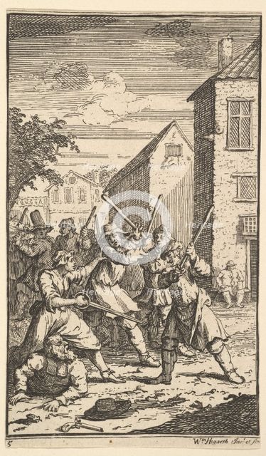 Hudibras Vanquished by Trulla (Seventeen Small Illustrations for Samuel Butler's Hudibr..., 1721-26. Creator: William Hogarth.
