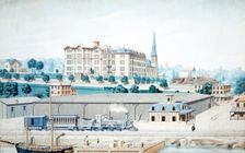 Hudson River Railroad Station, with a View of Manhattan College, ca. 1860-70. Creator: Unknown
