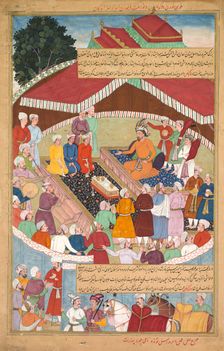 Hulagu Khan giving a feast and dispensing favor upon the amirs and princes..., c. 1596-1600. Creator: Lal (Indian, active c. 1555-1600); Dharam Das (Indian, active c. 1580-1605); Padarath (Indian, active late 1500s)