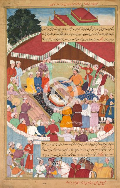Hulagu Khan giving a feast and dispensing favor upon the amirs and princes..., c. 1596-1600. Creator: Lal (Indian, active c. 1555-1600); Dharam Das (Indian, active c. 1580-1605); Padarath (Indian, active late 1500s).
