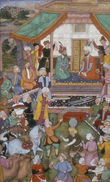 Humayun received by Shah Tahmasp, 1544, (c1603). Creator: Sanwlah
