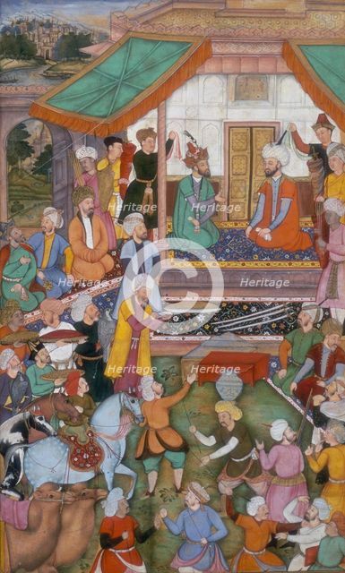 Humayun received by Shah Tahmasp, 1544, (c1603). Creator: Sanwlah.