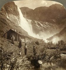 Humble mountain home at the foot of cliffs where Skiaeggedals Falls leap 525 ft., Norrway c1905. Creator: Unknown