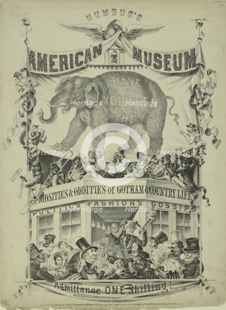 Humbug's American Museum. [On side of elephant:] Have you seen the [on side of balcony..., c1851. Creator: Nagel & Weingertner.