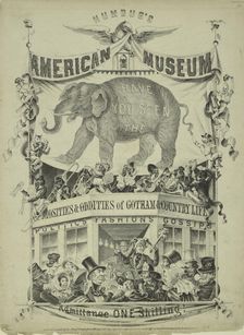 Humbug's American Museum. [On side of elephant:] Have you seen the [on side of balcony..., c1851. Creator: Nagel & Weingertner