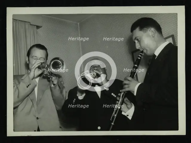 Humphrey Lyttelton, Sidney Bechet and unknown clarinetist, Colston Hall, Bristol, 1956. Creator: Denis Williams.