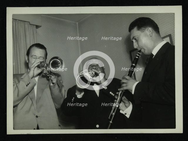 Humphrey Lyttelton, Sidney Bechet and unknown clarinetist, Colston Hall, Bristol, 1956. Artist: Denis Williams