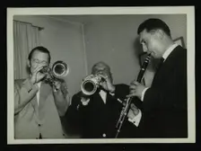 Humphrey Lyttelton, Sidney Bechet and unknown clarinetist, Colston Hall, Bristol, 1956. Creator: Denis Williams