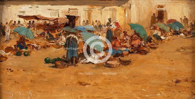 Hungarian market with blue umbrellas, 1874. Creator: August von Pettenkofen.