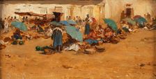 Hungarian market with blue umbrellas, 1874. Creator: August von Pettenkofen