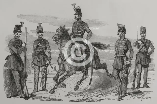 Hungarian Cavalry and Infantry in 1849 (1856). Creator: Ange-Louis Janet.