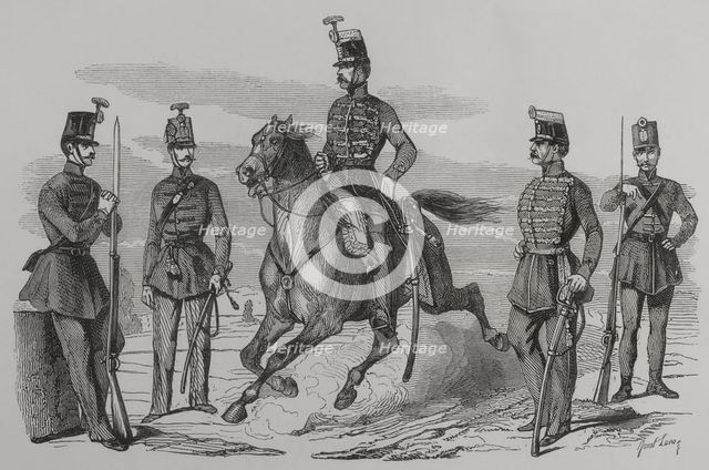Hungarian Cavalry and Infantry in 1849 (1856). Creator: Ange-Louis Janet.