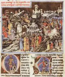 Hungarian conquest of the Carpathian Basin. Miniature from the Chronicon Pictum, ca 1365. Creator: Mark of Kalt (Kalti Mark) (active 1336-1373)