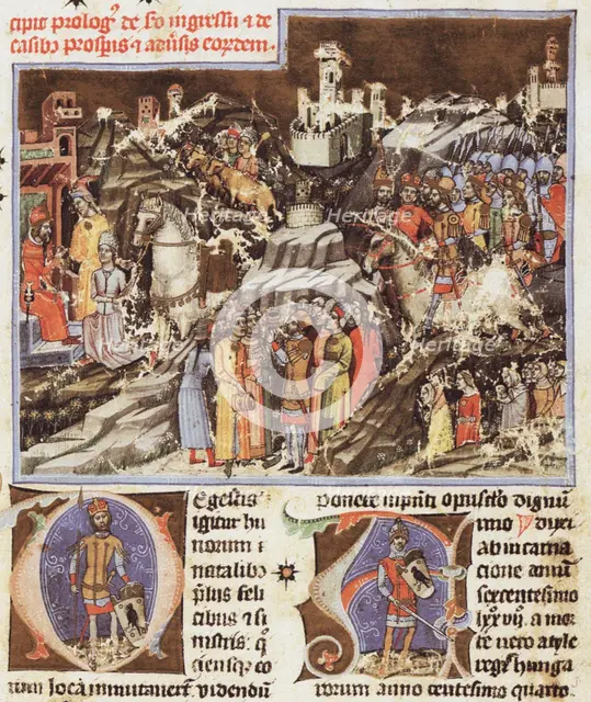 Hungarian conquest of the Carpathian Basin. Miniature from the Chronicon Pictum, ca 1365. Creator: Mark of Kalt (Kalti Mark) (active 1336-1373).