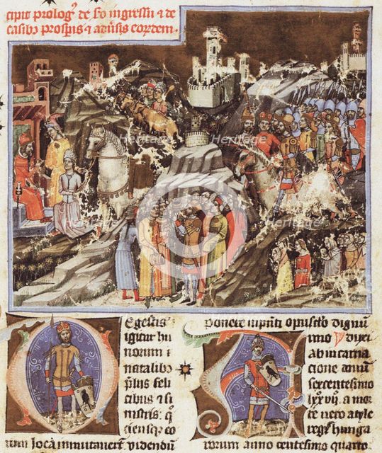 Hungarian conquest of the Carpathian Basin. Miniature from the Chronicon Pictum, ca 1365. Creator: Mark of Kalt (Kalti Mark) (active 1336-1373).