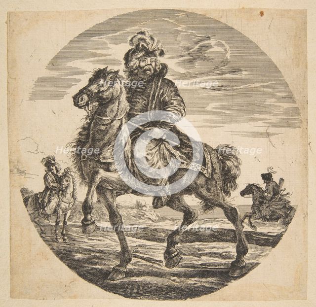 Hungarian horseman riding towards the left, other horsemen in the background, a circular c....n.d. Creator: Johanna Christina Küsel.