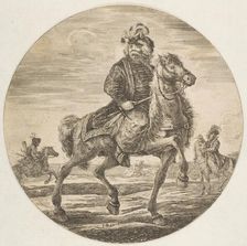 Hungarian horseman riding towards the right, other horsemen in the background, a circu..., ca. 1651. Creator: Stefano della Bella