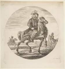 Hungarian horseman riding towards the right, other horsemen in the background, a circu..., ca. 1651. Creator: Stefano della Bella