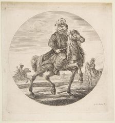 Hungarian horseman riding towards the right, other horsemen in the background, a circu..., ca. 1651. Creator: Stefano della Bella