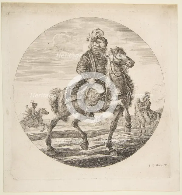 Hungarian horseman riding towards the right, other horsemen in the background, a circu..., ca. 1651. Creator: Stefano della Bella.