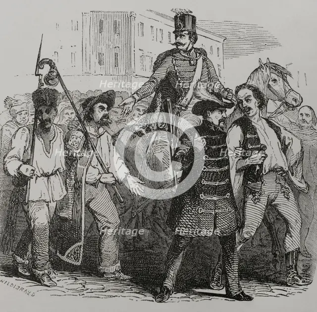 Hungarian Revolution of 1848 (15 March 1848-4 October 1849): A recruitment in Hungary, 1856. Creator: Henri Theophile Hildibrand.