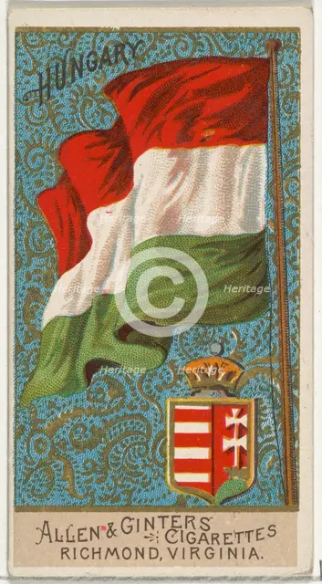 Hungary, from Flags of All Nations, Series 2 (N10) for Allen & Ginter Cigarettes Brands, 1890. Creator: Allen & Ginter.