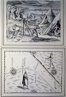 Hunger in Buenos Aires, Settlers cutting human flesh and Map with roses and two Indians doub…