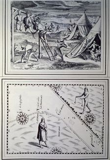 Hunger in Buenos Aires, Settlers cutting human flesh and Map with roses and two Indians doub…