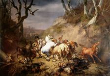 Hungry Wolves Attacking a Party of Riders, 1836. Creator: Eugène Verboeckhoven