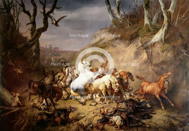Hungry Wolves Attacking a Party of Riders, 1836. Creator: Eugène Verboeckhoven.