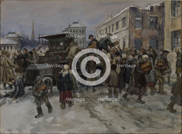 Hungry workmen in Petrograd robbing a military lorry of bread, 1920.