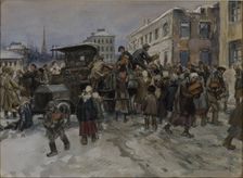 Hungry workmen in Petrograd robbing a military lorry of bread, 1920