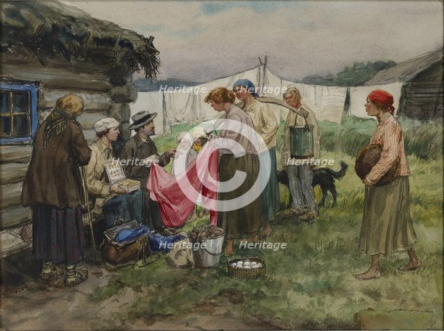 Hungry years in Petrograd. Changing merchandise for provisions in a village near a railway station, 