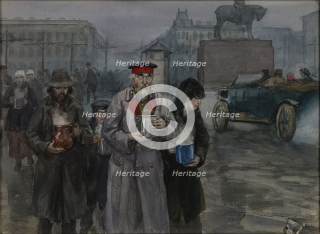 Hungry years in Petrograd. Return from a communal soup kitchen, 1919.