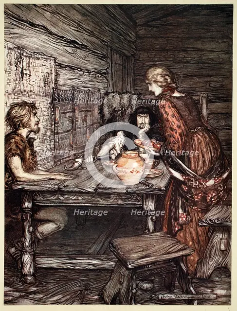 'Hunding discovers the likeness between Siegmund and Sieglunde', 1910.  Creator: Arthur Rackham.