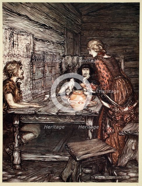 'Hunding discovers the likeness between Siegmund and Sieglunde', 1910.  Creator: Arthur Rackham.