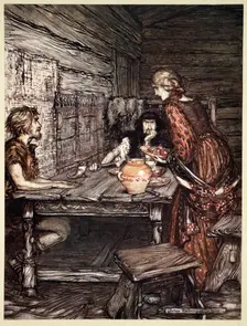 Hunding discovers the likeness between Siegmund and Sieglunde 1910. Creator: Arthur Rackham