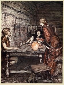 Hunding discovers the likeness between Siegmund and Sieglunde 1910. Creator: Arthur Rackham