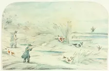 Hunt Crossing Stream Shooting Ducks, c. 1888. Creator: Unknown
