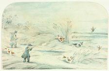 Hunt Crossing Stream Shooting Ducks, c. 1888. Creator: Unknown