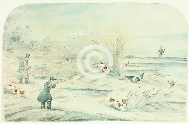 Hunt Crossing Stream Shooting Ducks, c. 1888. Creator: Unknown.