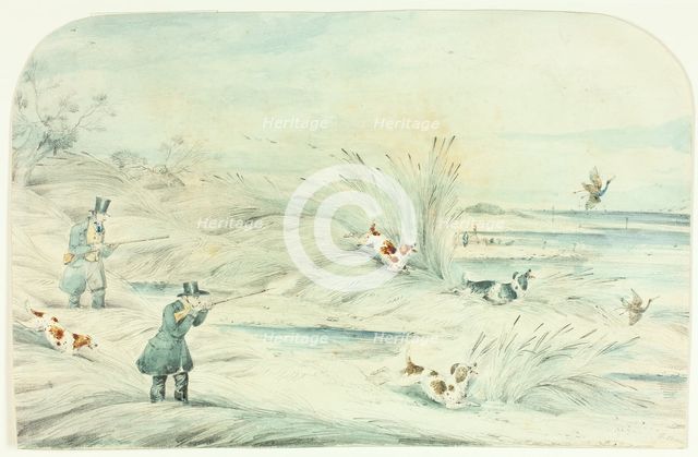 Hunt Crossing Stream Shooting Ducks, c. 1888. Creator: Unknown.