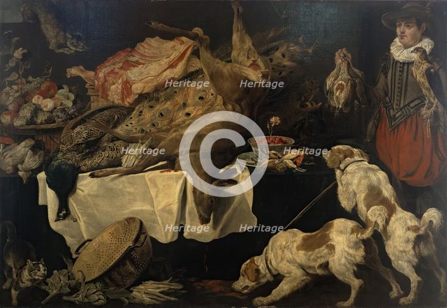 Hunter and Dogs by a Table with Dead Game and Fruit, 1640s. Creator: Paul de Vos.