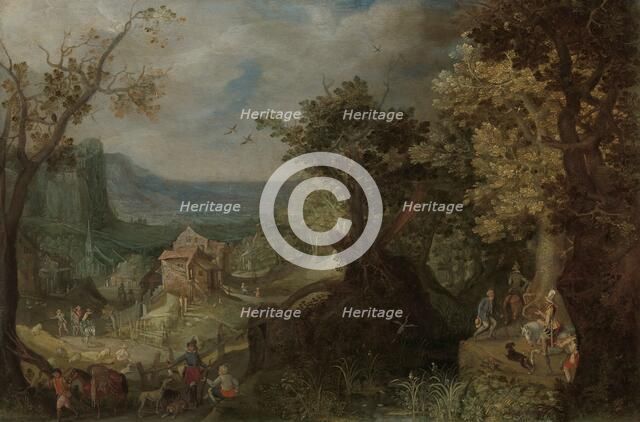 Hunter and Horsemen on a Wooded Road, with a Village in a Valley beyond, 1608. Creator: Anton Mirou.