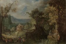 Hunter and Horsemen on a Wooded Road, with a Village in a Valley beyond, 1608. Creator: Anton Mirou